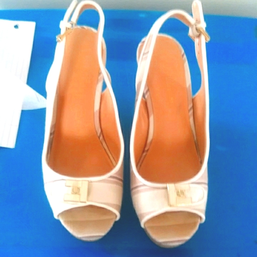 Tommy Hilfiger White Tan Brown Strip Platform Cork Wedge Sandal